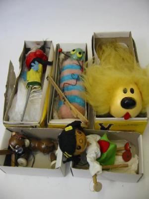 Appraisal: Five Pelham puppets Bengo Dougal Zebedee Caterpillar and Girl yellow