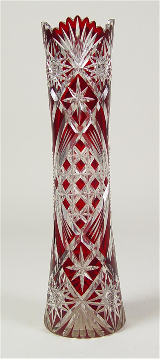 Appraisal: Ruby Overlay Vase Cut to Crystal Mid th Century Unsigned