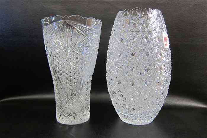 Appraisal: TWO HAND CUT AND ENGRAVED GLASS FLOWER VASES one with