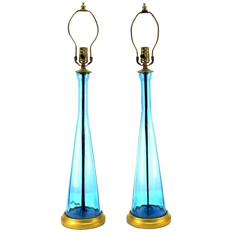 Appraisal: Italian Mid-Century Blue Glass Table Lamps Pair Pair of Italian