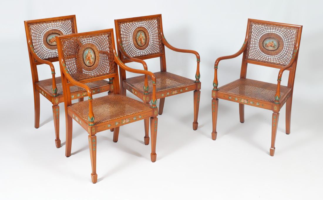 Appraisal: SET OF ITALIAN PAINT DECORATED ARM CHAIRS Cane backs each