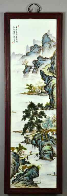 Appraisal: Large Chinese Painted Porcelain PlaqueDepicting mountains waterfall figures in boats