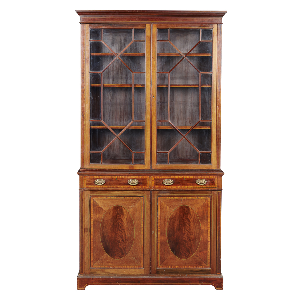 Appraisal: EDWARDIAN MAHOGANY AND SATINWOOD BOOKCASE CABINET BY MAPLE CO EARLY