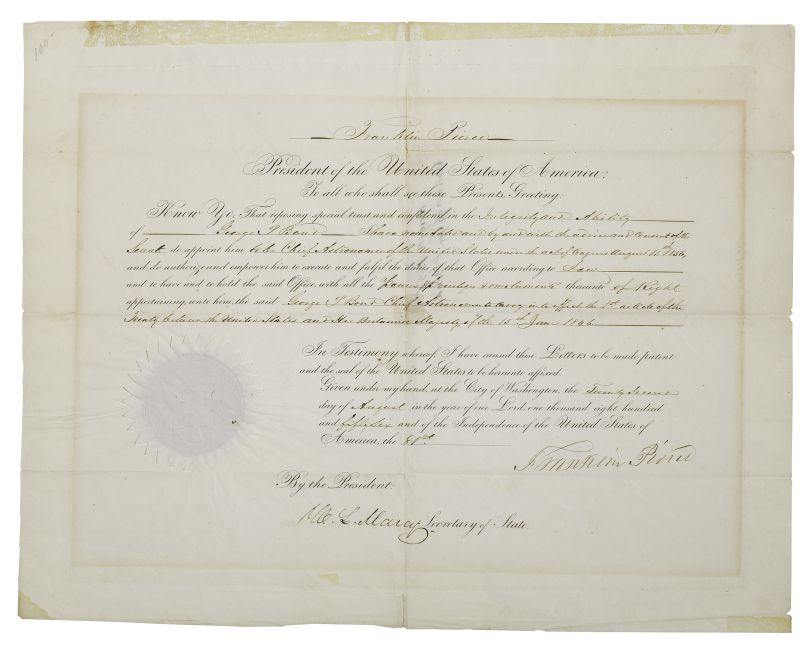 Appraisal: PIERCE FRANKLIN Partly-printed Document Signed as President appointing George P