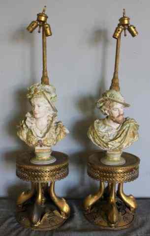 Appraisal: Pair of Bisque Lamps on Gilt Bronze Dolphin Bases A