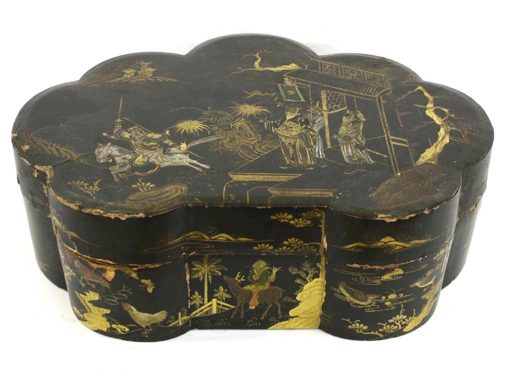 Appraisal: Late th century Japanese black lacquer lobed work box containing