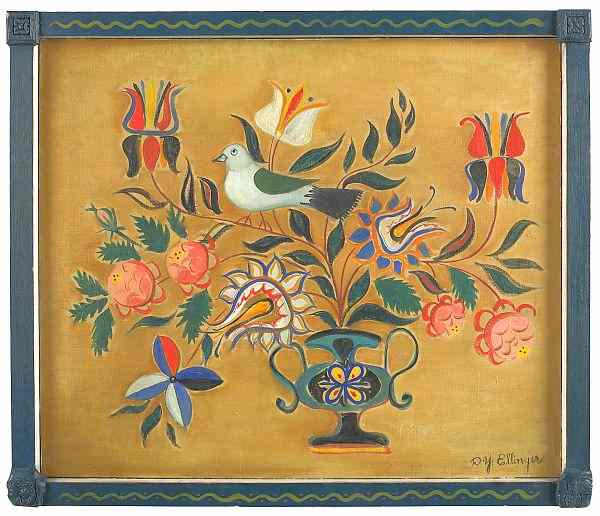 Appraisal: David Y Ellinger American - oil on canvas titled Fraktur