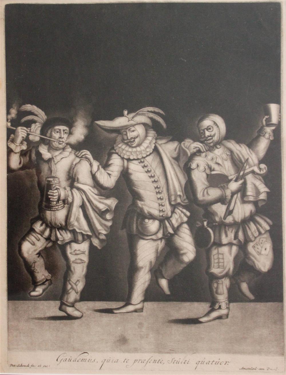 Appraisal: PIETER SCHENCK DUTCH - THREE FOOLS GAUDEAMUS QUIA TE PRASENTE