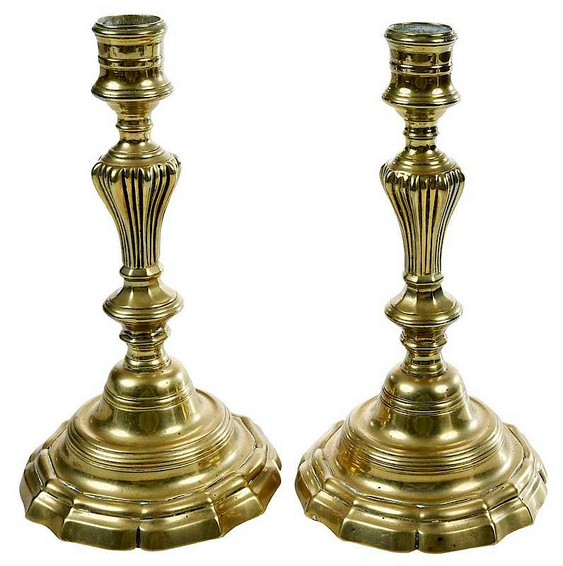 Appraisal: Pair Queen Anne Brass Candlesticks British th century with stepped