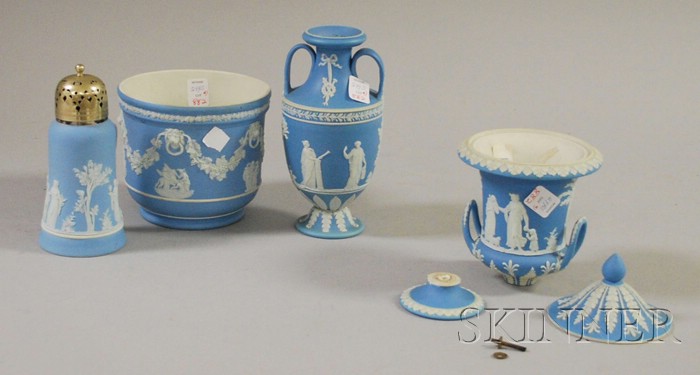 Appraisal: Four Wedgwood Light Blue Jasper Dip Items a jardiniere vase