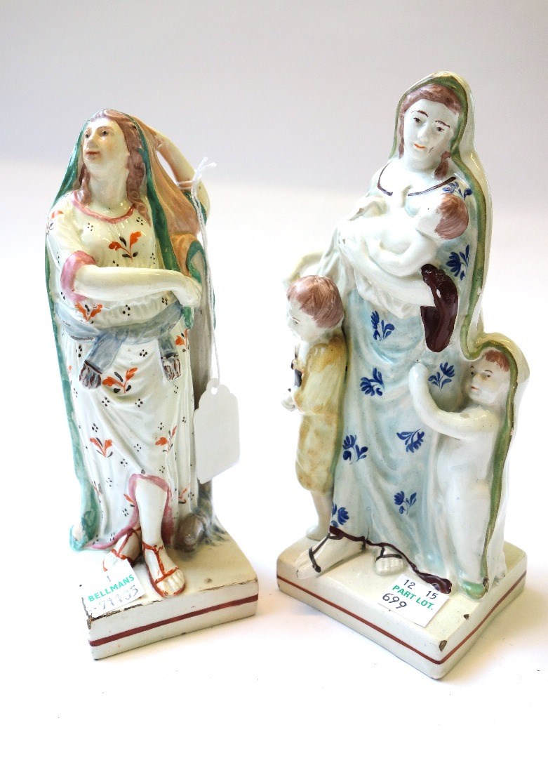 Appraisal: Two Staffordshire pearlware figures of Hope and Charity circa the