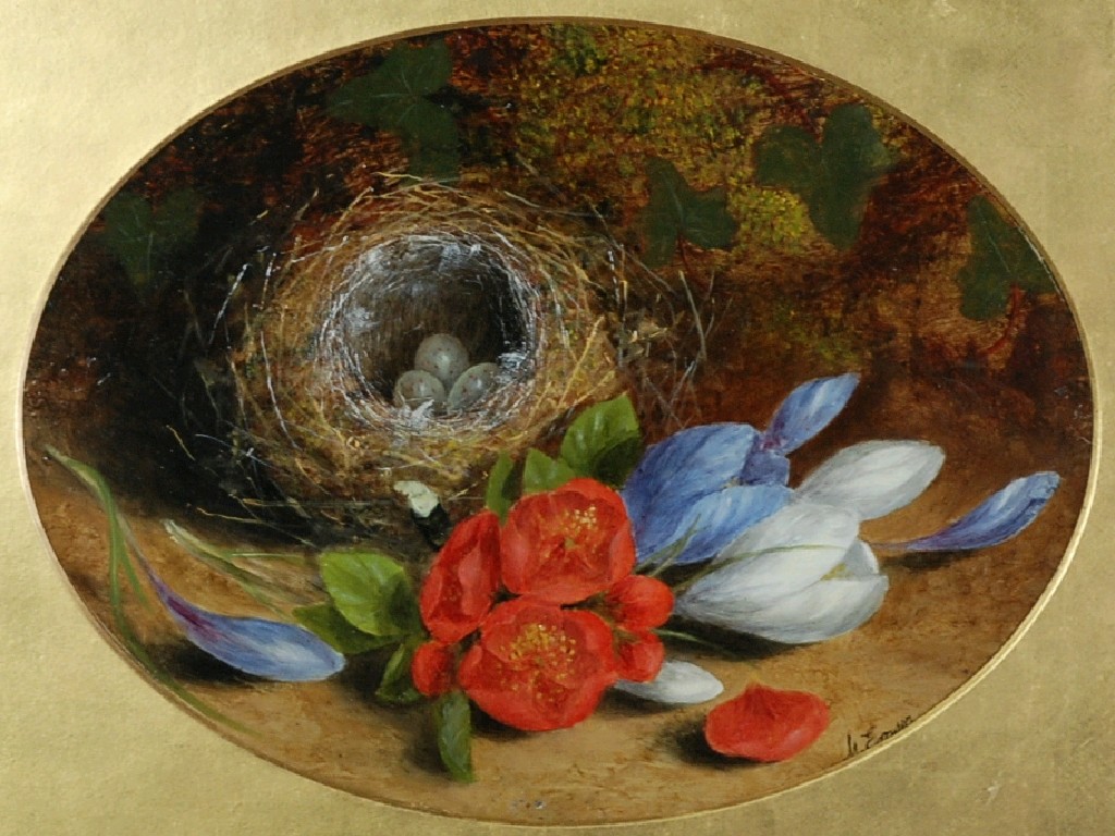 Appraisal: MARY EMERSON OIL PAINTING Still life flowers and bird's nest