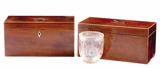 Appraisal: Near pair Regency inlaid mahogany tea caddies circa rectangular form