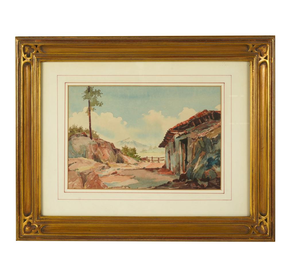 Appraisal: TH CENTURY ADOBE IN LANDSCAPEwatercolor on paper signed illegibly lower