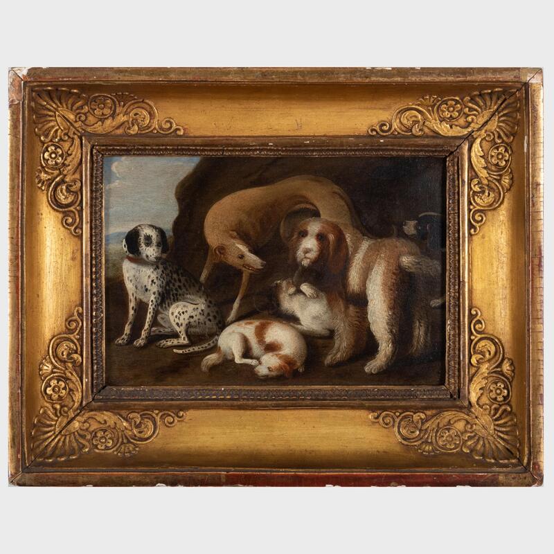 Appraisal: European School A Group of Dogs Oil on panel unsigned