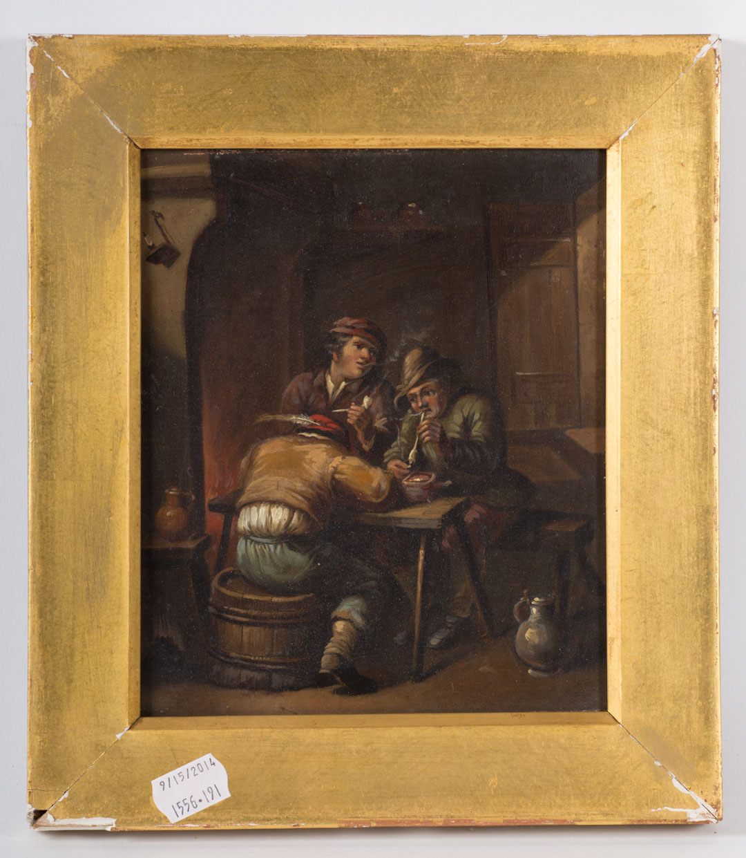 Appraisal: Framed oil on board of three men in a tavern