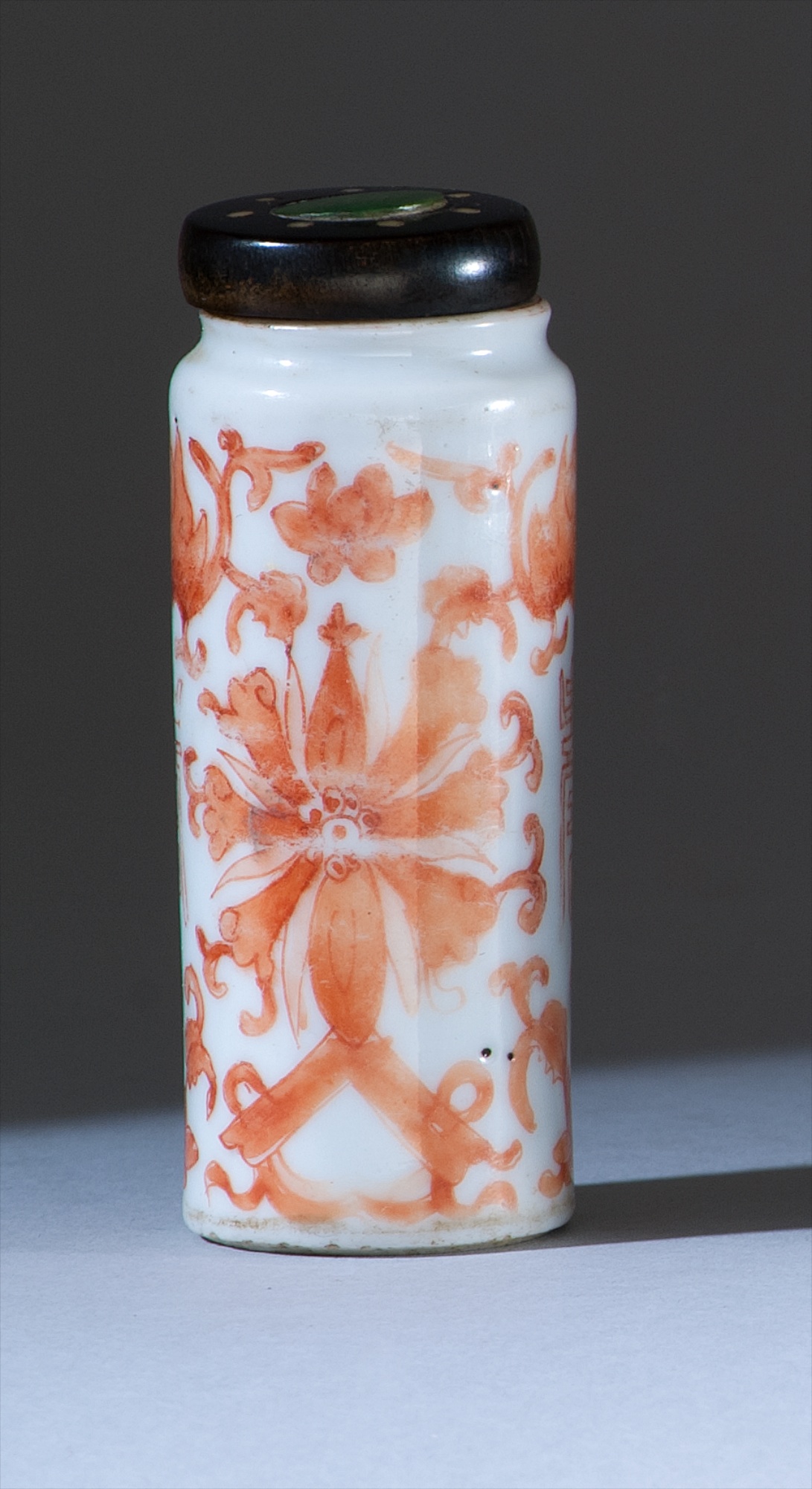 Appraisal: PORCELAIN SNUFF BOTTLE th CenturyIn cylinder form with passionflower and