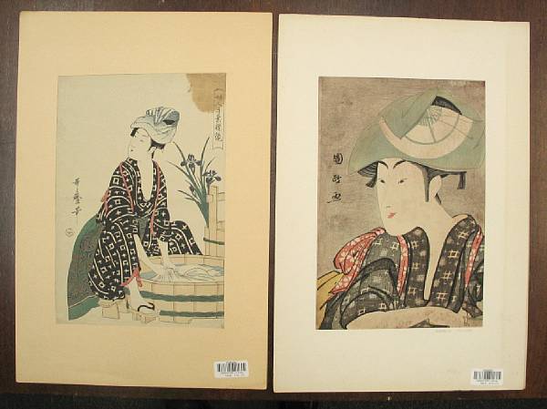 Appraisal: Two wood block print reproductions Both Oban-size one after Utagawa