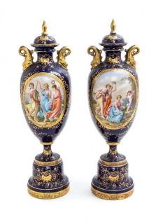 Appraisal: A Pair of Vienna Style Cobalt Urns Height of each