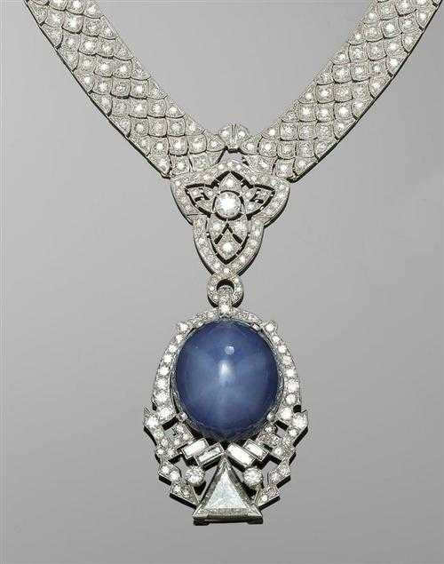 Appraisal: DIAMOND AND SAPPHIRE NECKLACE ca Platinum Charming flexible necklace in