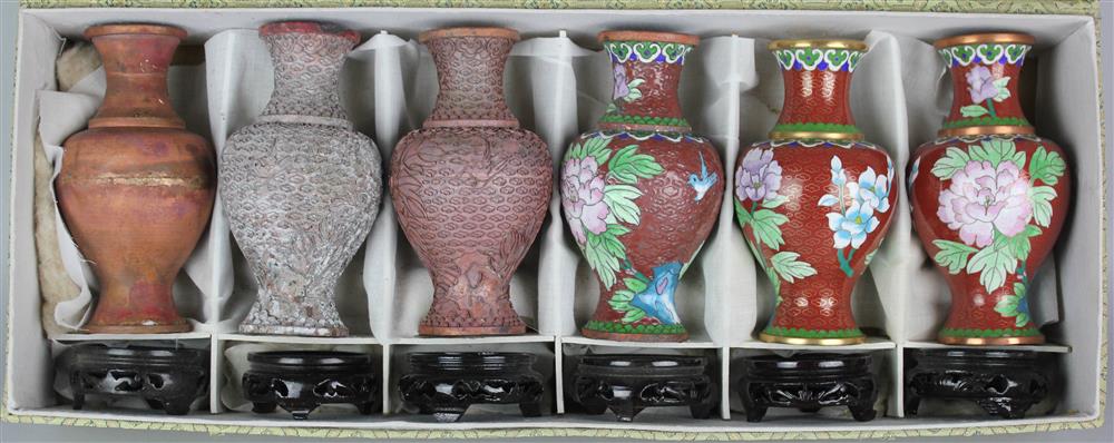 Appraisal: CHINESE BOXED SIX-PIECE CLOISONNE ENAMEL DEMONSTRATION SET the set formed