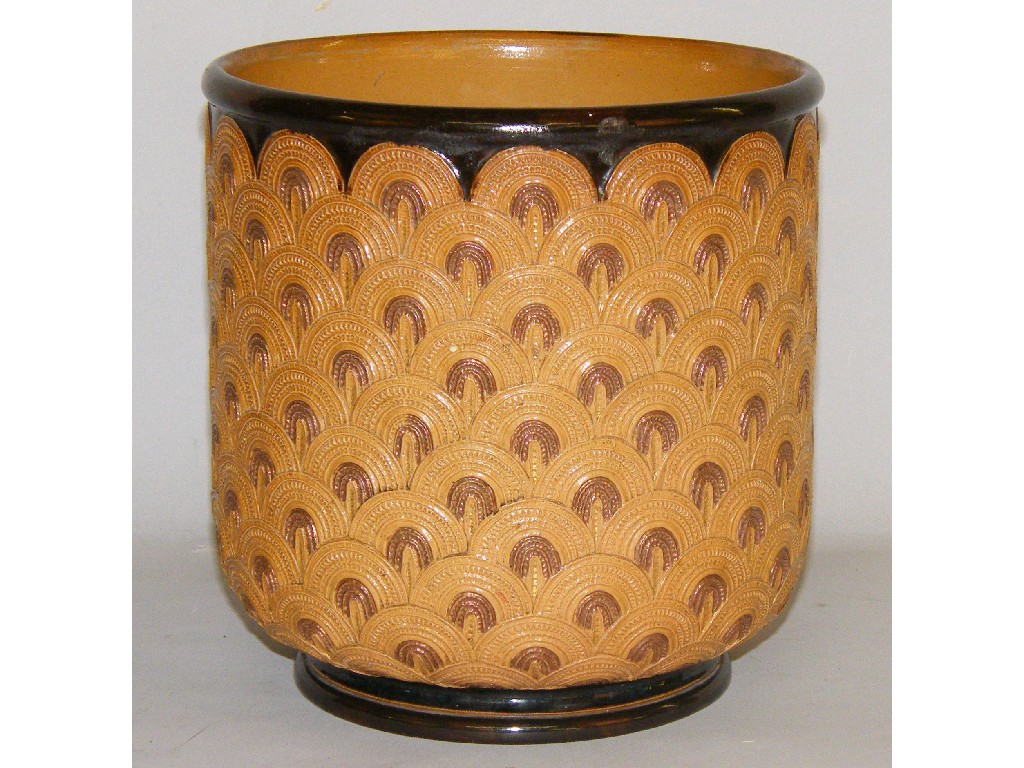 Appraisal: Doulton Lambeth stoneware buff ground jardiniere decorated with peacock fan