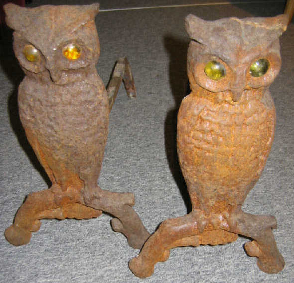 Appraisal: PAIR OWL FORM ANDIRONS WITH GLASS EYES Height inches Estimate