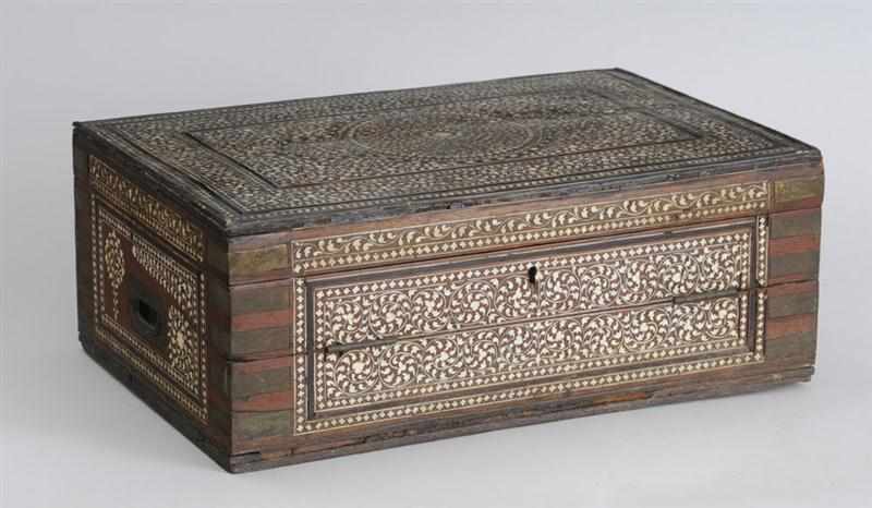 Appraisal: INDIAN IVORY-INLAID AND BRASS-MOUNTED HARDWOOD TRAVEL DESK Inlaid with central