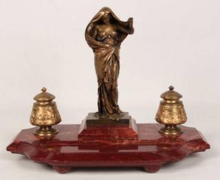 Appraisal: FRENCH BRONZE AND ROUGE MARBLE INKWELL WITH PARTIALLY NUDE FIGURE