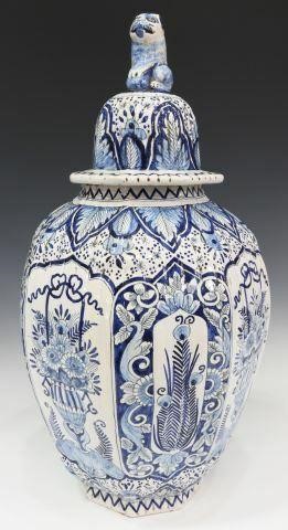 Appraisal: Large Delft blue and white tin-glazed earthenware covered urn late