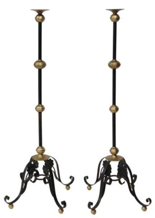 Appraisal: pair Brass and wrought iron candle floor stands th c