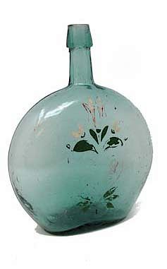 Appraisal: Early Paint Decorated Blue Aqua Blown Glass Bottle Early Paint