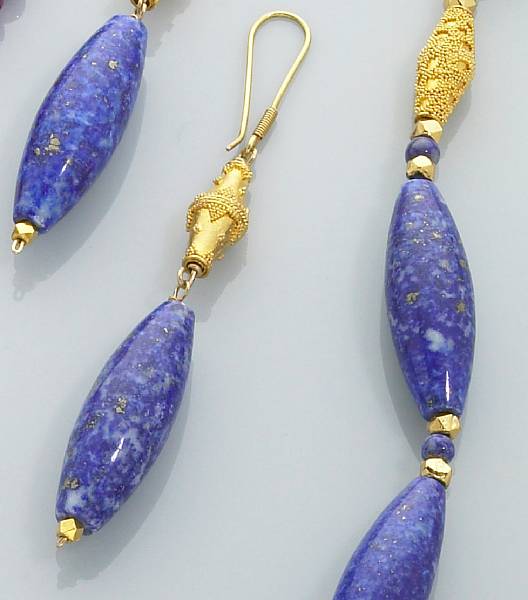 Appraisal: Lapis Lazuli and High-Karat Gold Necklace and Earpendants Designed in