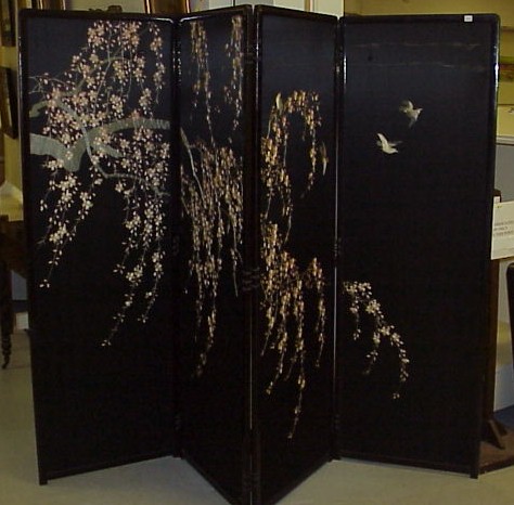 Appraisal: Oriental four panel floor screen probably Japanese black ground embroidered