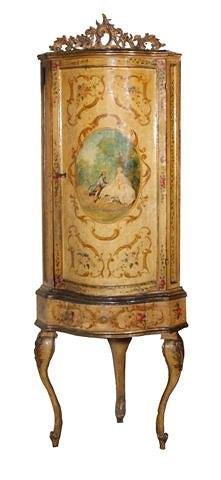 Appraisal: AN ANTIQUE VENETIAN PAINTED SERPENTINE CORNER CABINET on stand with