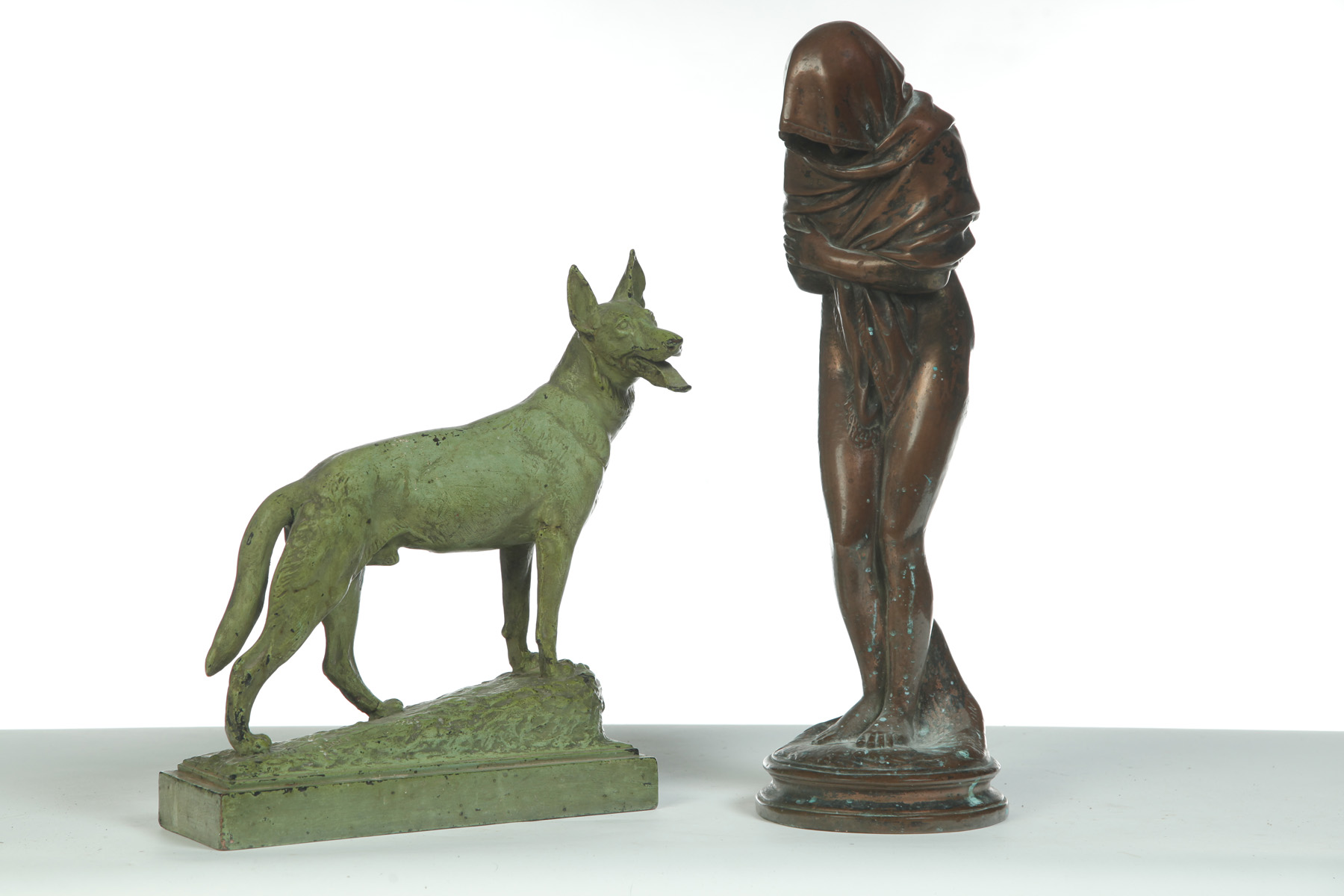 Appraisal: TWO COPPER FIGURAL STATUES ONE BY PAUL HERZEL German shepherd