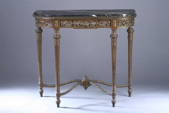 Appraisal: LOUIS XVI STYLE PAINTED AND PARCEL-GILT MARBLE-TOP CONSOLE Late th