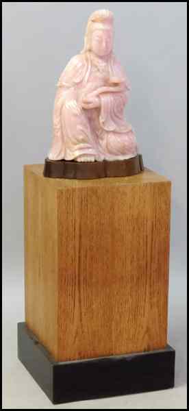 Appraisal: CHINESE CARVED ROSE QUARTZ QUAN YIN Raised on a carved