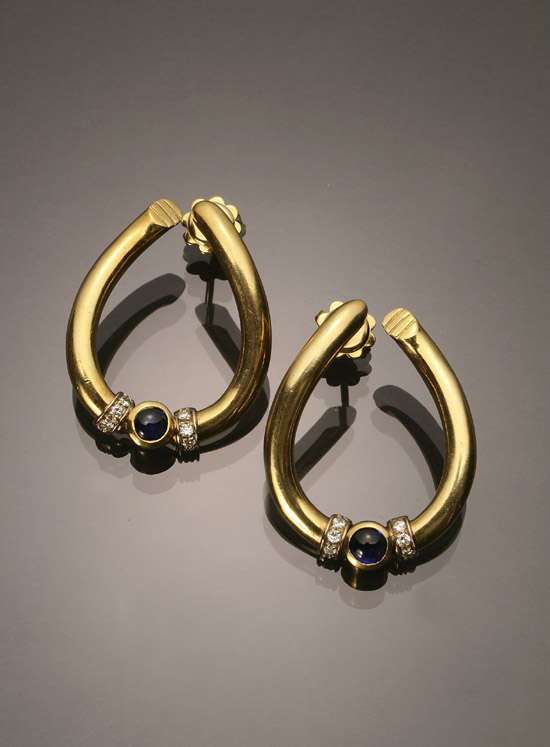 Appraisal: Pair of -Karat Yellow-Gold Blue Sapphire and Diamond Hoop Earrings