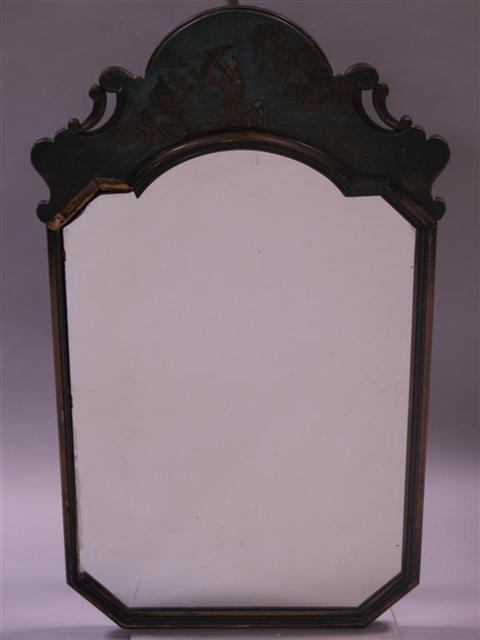 Appraisal: GEORGIAN STYLE JAPANNED HALL MIRROR The mirrorplate of shaped rectangular