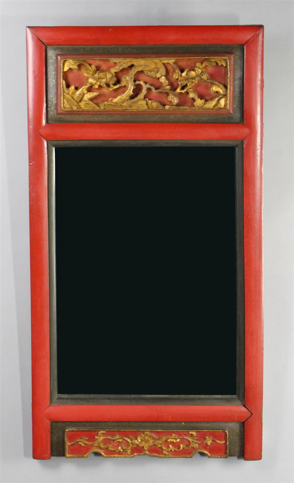 Appraisal: CHINESE RED LACQUERED AND CARVED WALL MIRROR having a vertical