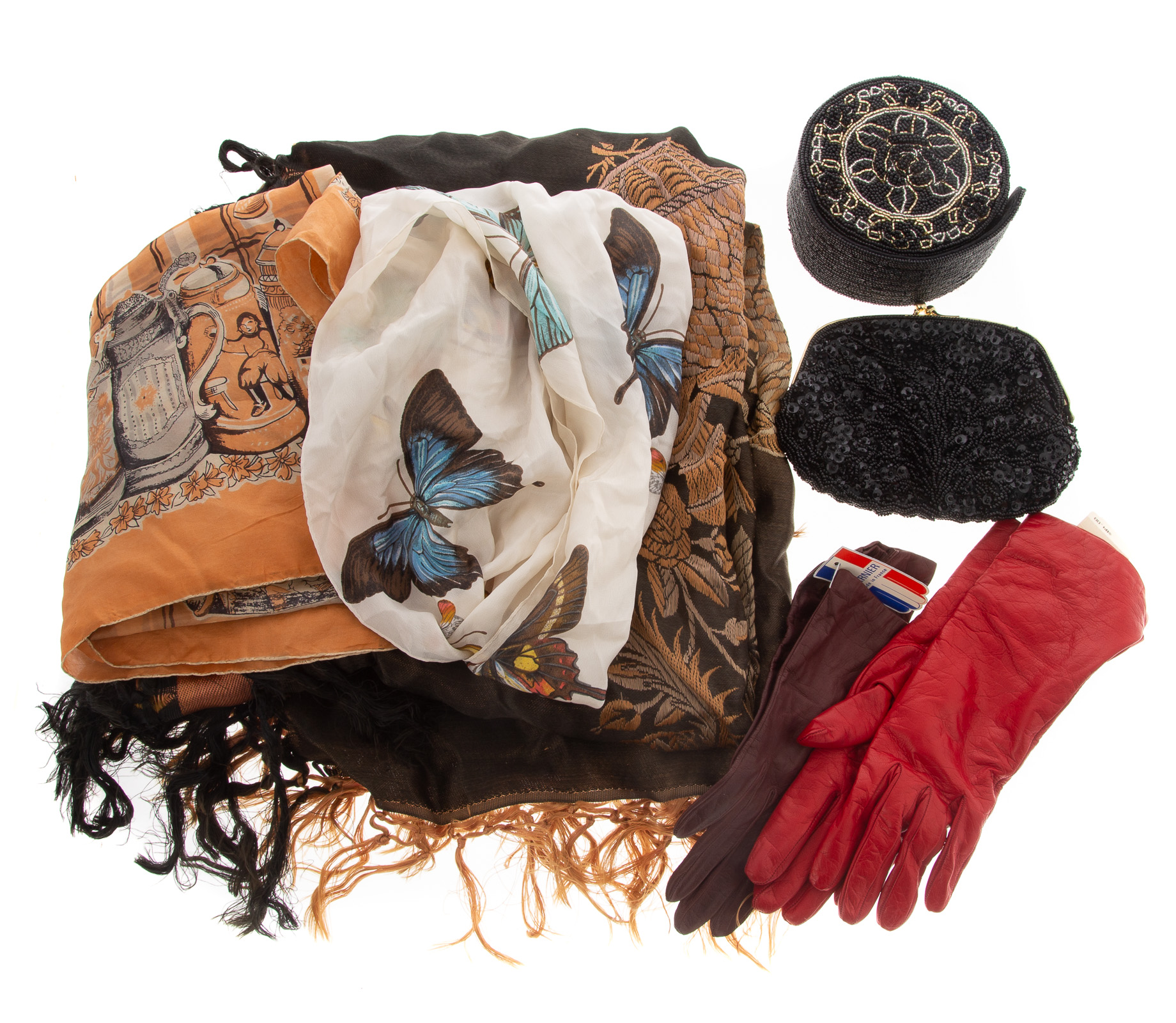 Appraisal: COLLECTION ASSORTED ACCESSORIES including an embroidered wrap two vintage silk