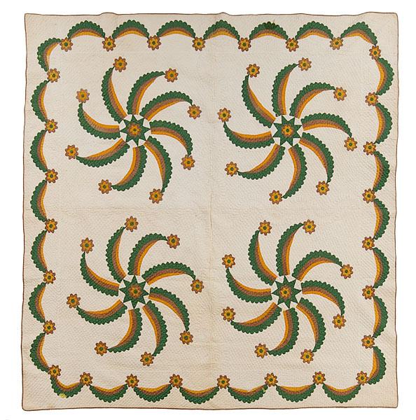 Appraisal: PRINCESS FEATHER VARIATION APPLIQU D QUILT American circa cotton machine