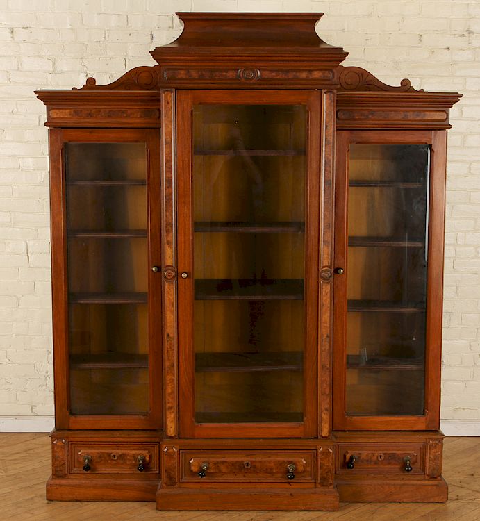 Appraisal: TH CENT AMERICAN EASTLAKE BURL WALNUT BOOKCASE A nineteenth century