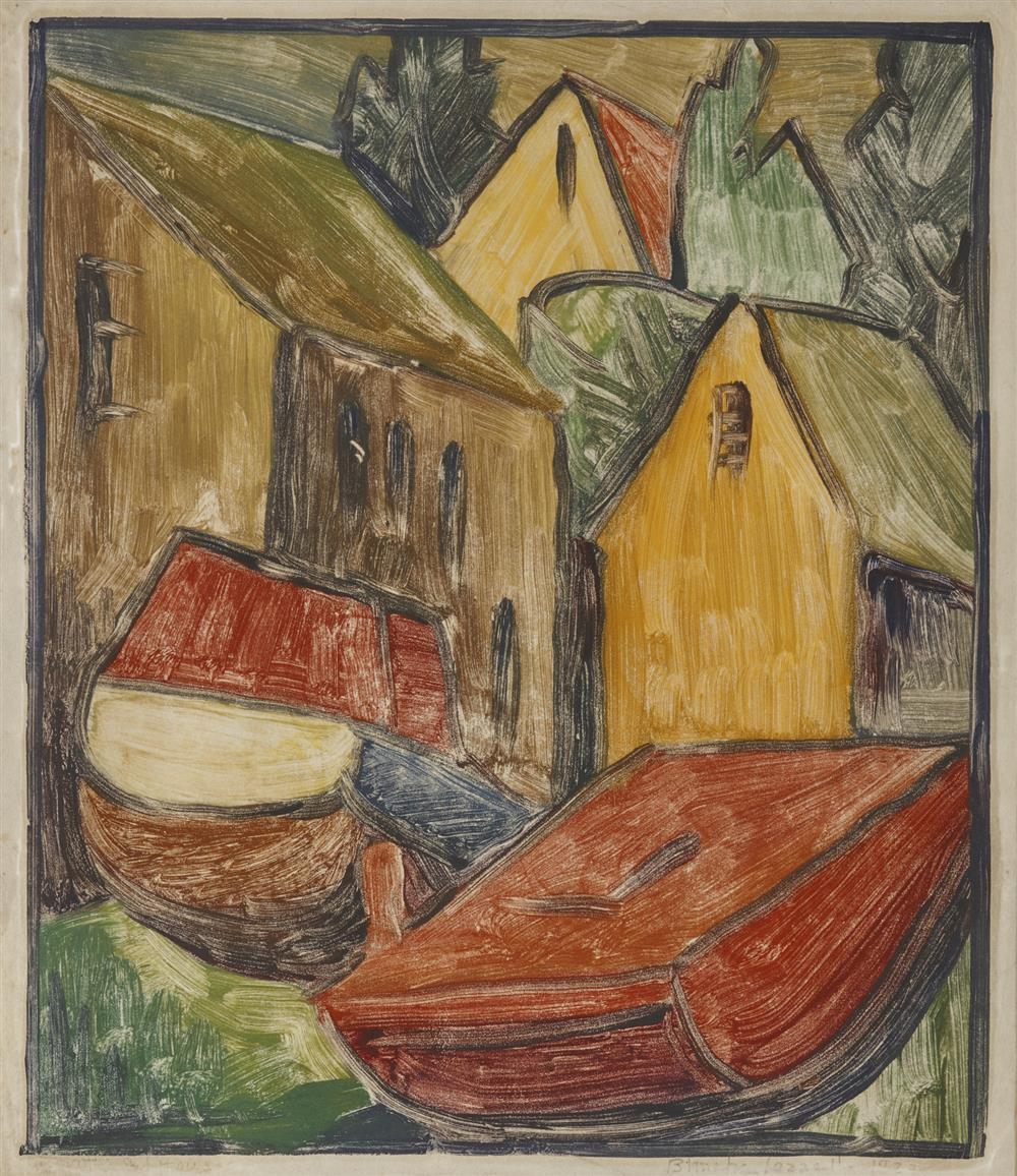 Appraisal: BLANCHE LAZZELL American - Boats and Houses monotype titled in