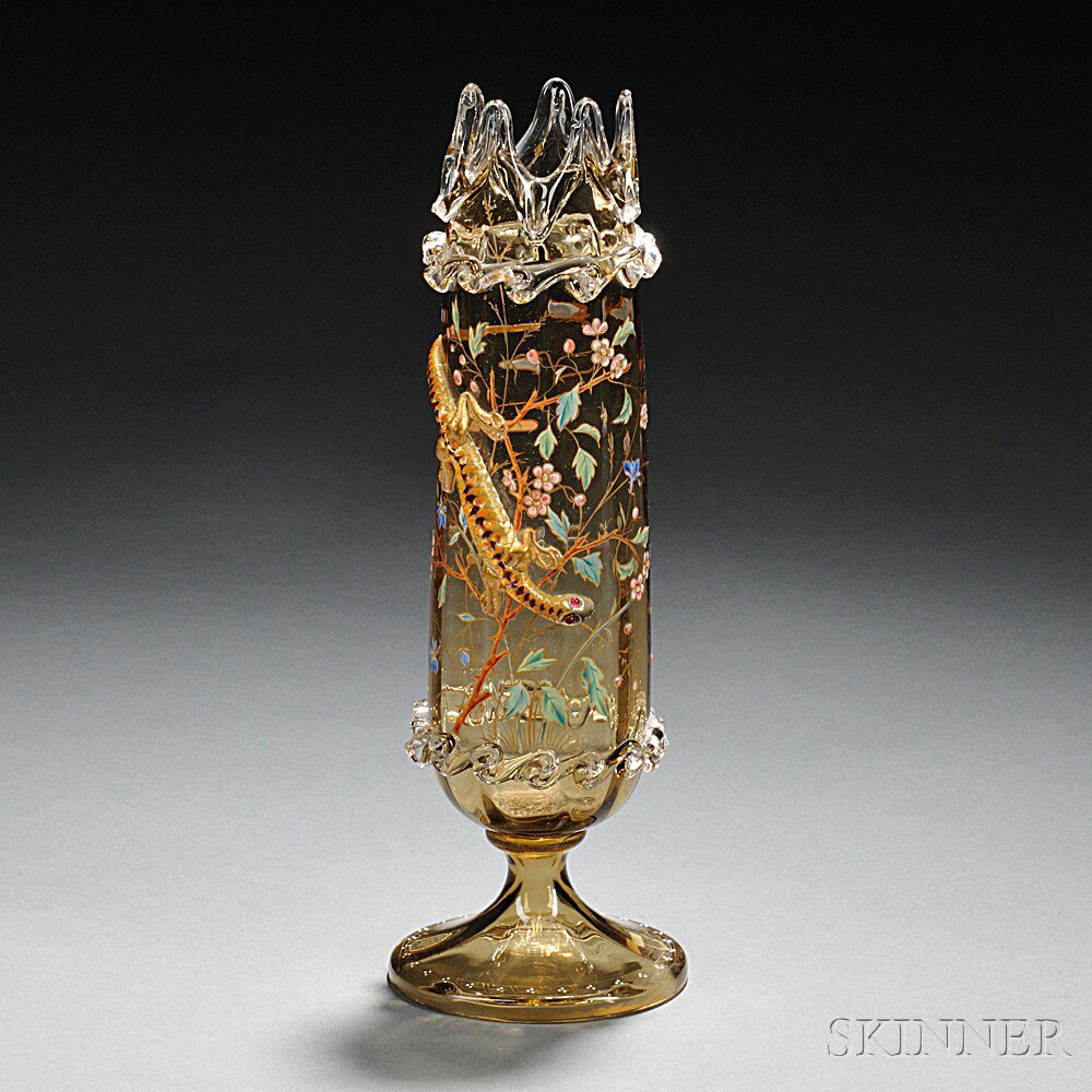 Appraisal: Moser-type Gilded and Enameled Olive Green Glass Vase Bohemia late