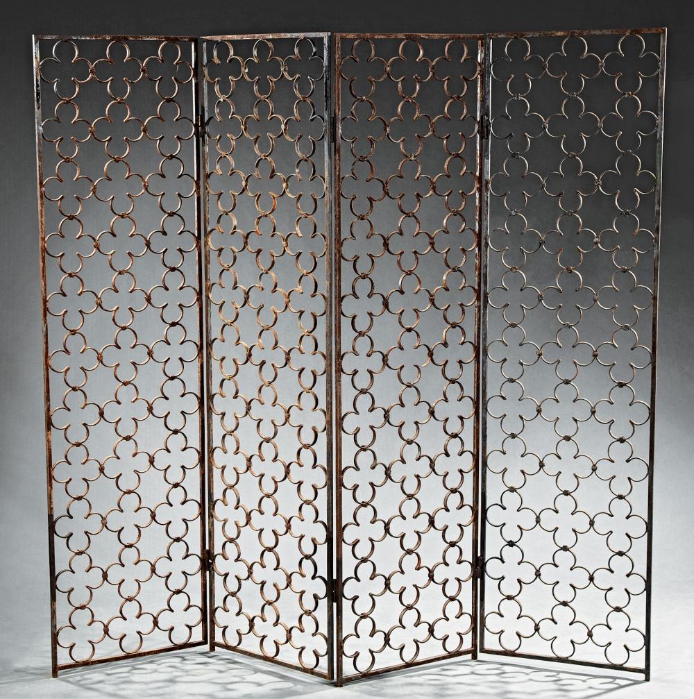 Appraisal: Antique Spanish Wrought Iron Four Panel Screen th c quatrefoil