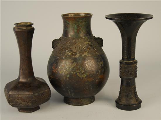 Appraisal: THREE CHINESE ARCHAIC STYLE BRONZE VESSELS height of tallest inches