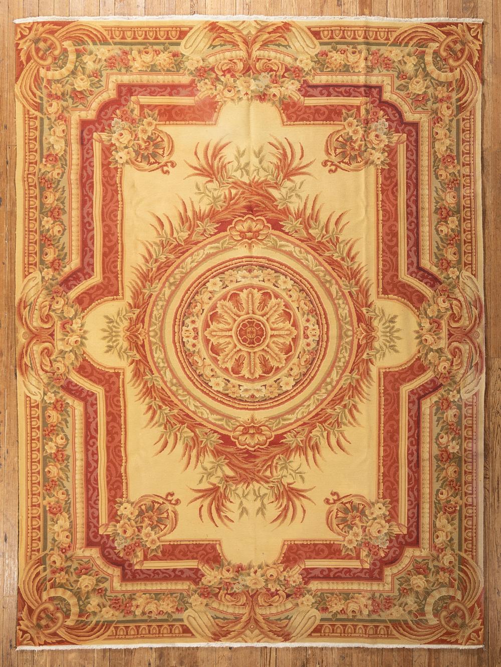 Appraisal: French Aubusson-Style Carpet pale yellow ground cartouche design in red