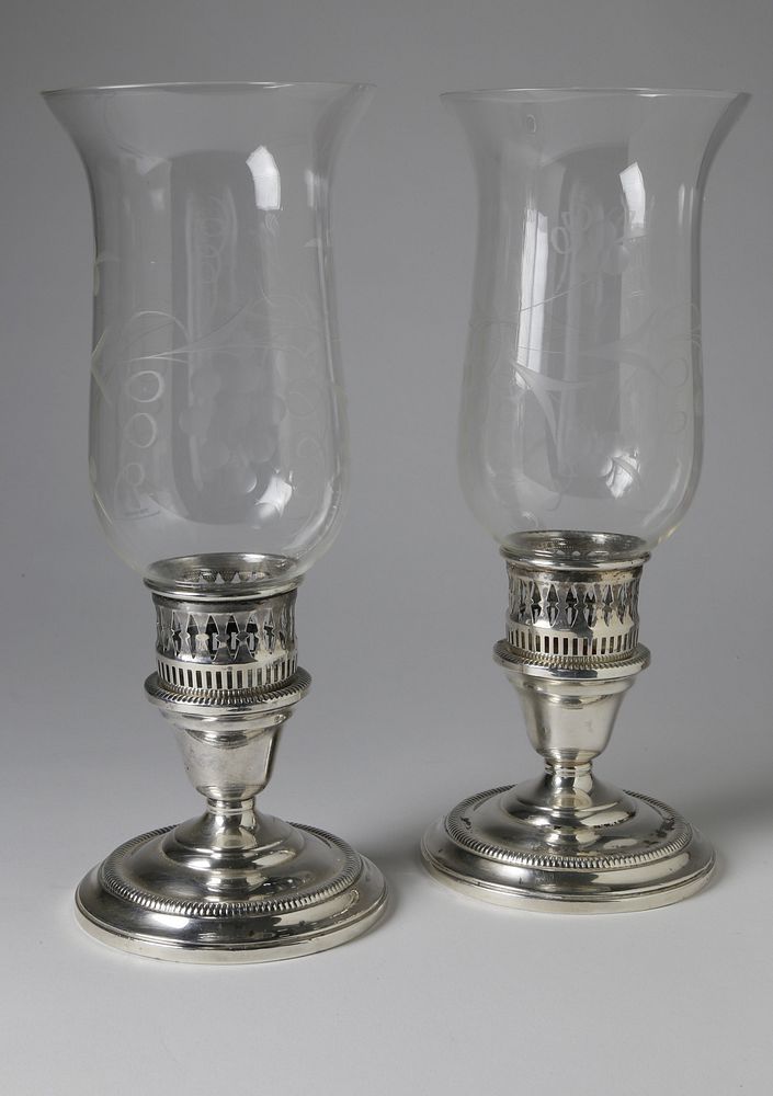 Appraisal: Pair of Kenilworth Sterling Silver Candlesticks with Etched Glass Hurricanes